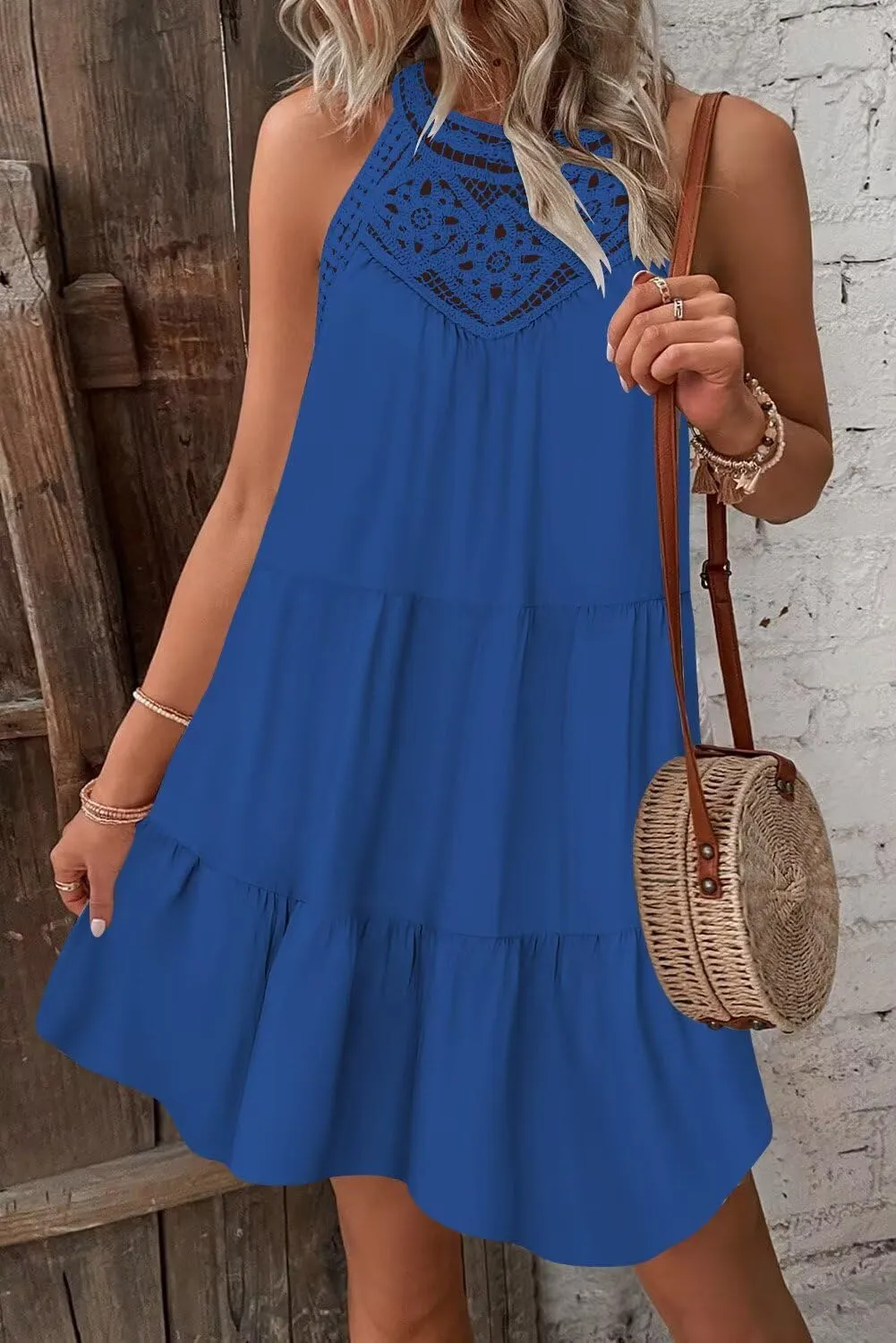 Wkior Womens Summer Dresses 2025 Casual Halter Sleeveless Flowy Mini Dress Tiered Pleated Beach Sundress