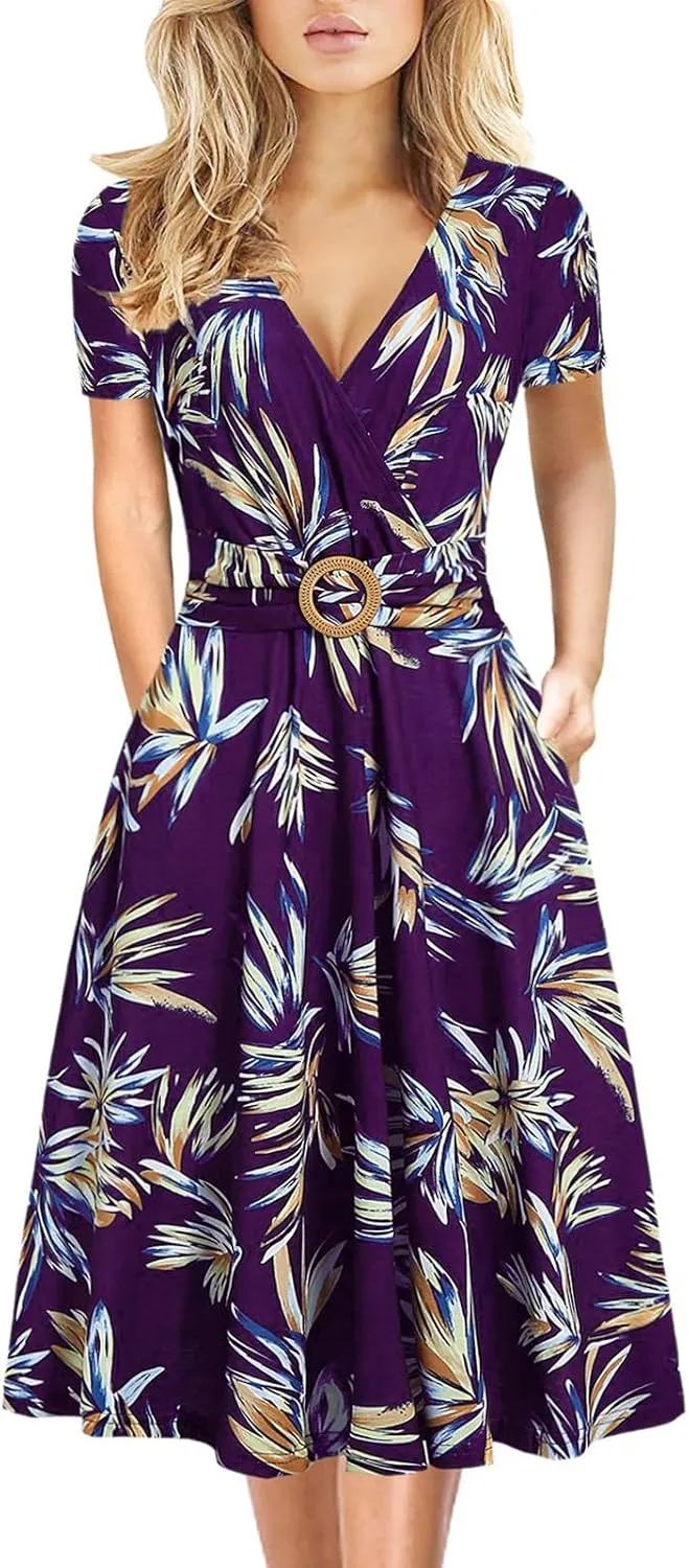 Women's Elegant Criss-Cross V Neck Vintage Short Sleeve Work Casual Fit and Flare Tea Dress with Pockets 980