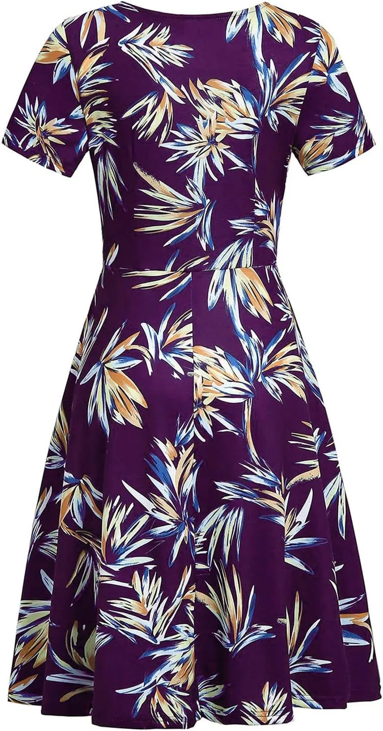 Women's Elegant Criss-Cross V Neck Vintage Short Sleeve Work Casual Fit and Flare Tea Dress with Pockets 980