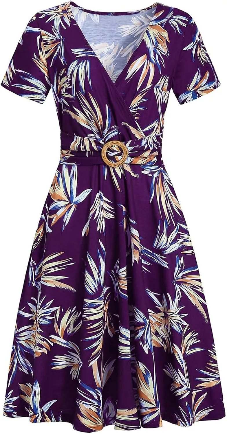 Women's Elegant Criss-Cross V Neck Vintage Short Sleeve Work Casual Fit and Flare Tea Dress with Pockets 980