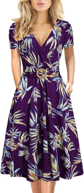 Women's Elegant Criss-Cross V Neck Vintage Short Sleeve Work Casual Fit and Flare Tea Dress with Pockets 980