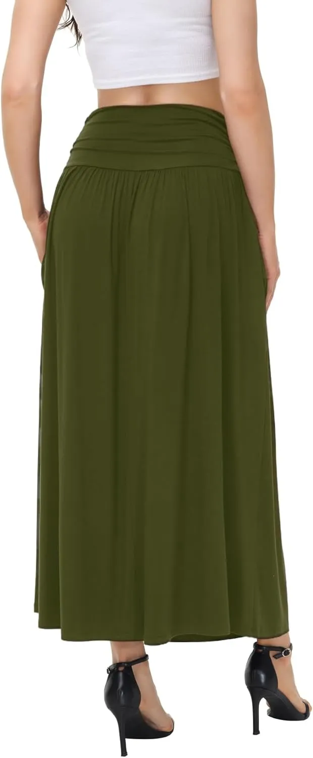 Womens Elegant Maxi Skirt Casual Ruched High Waist Flowy Long Skirts Reg and Plus Size with Pockets Black Floral