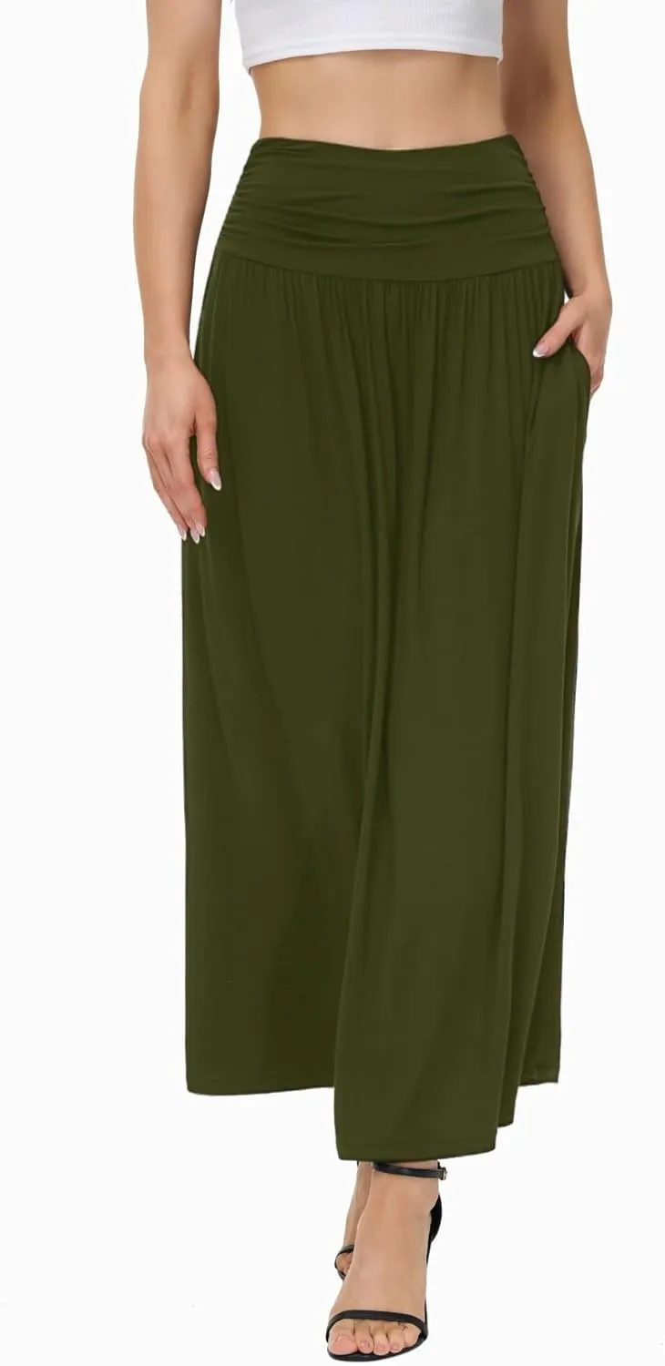 Womens Elegant Maxi Skirt Casual Ruched High Waist Flowy Long Skirts Reg and Plus Size with Pockets Black Floral