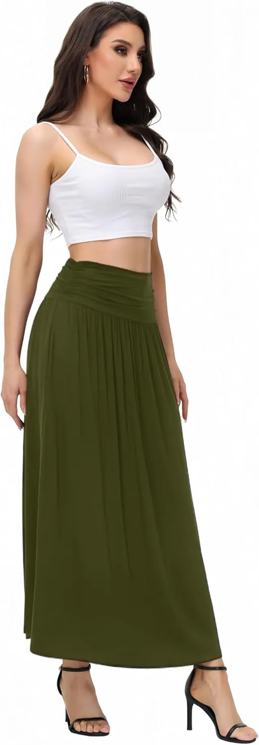 Womens Elegant Maxi Skirt Casual Ruched High Waist Flowy Long Skirts Reg and Plus Size with Pockets Black Floral