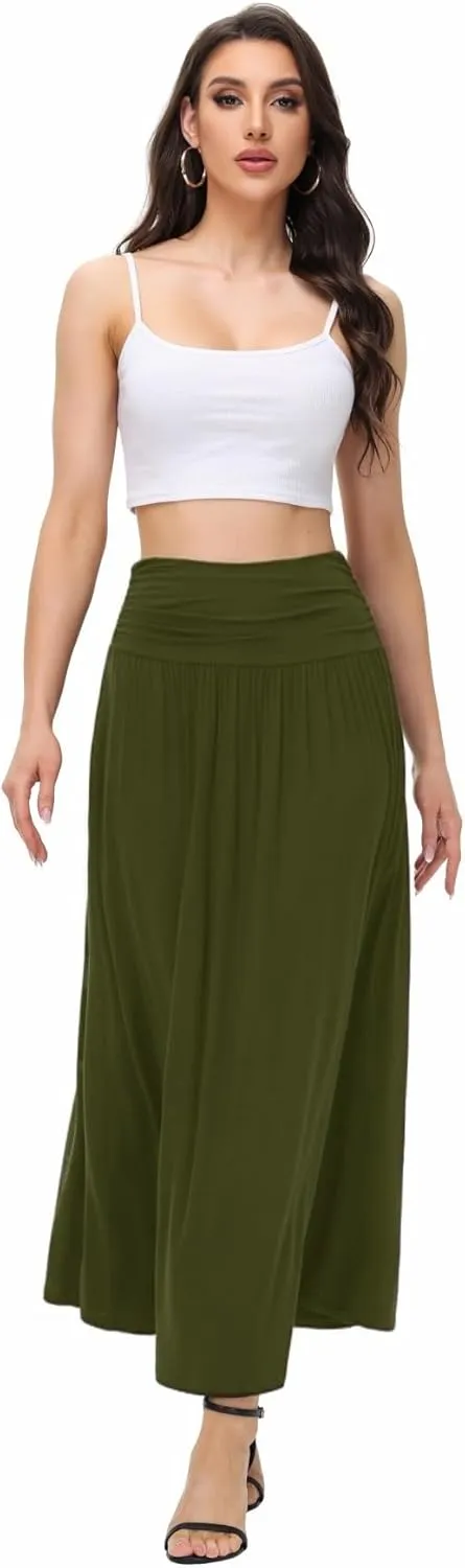 Womens Elegant Maxi Skirt Casual Ruched High Waist Flowy Long Skirts Reg and Plus Size with Pockets Black Floral