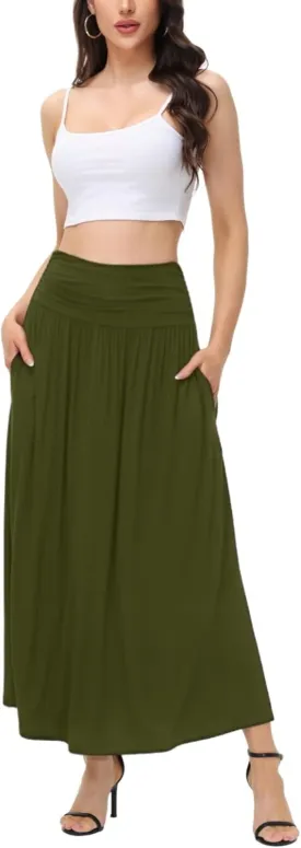 Womens Elegant Maxi Skirt Casual Ruched High Waist Flowy Long Skirts Reg and Plus Size with Pockets Black Floral