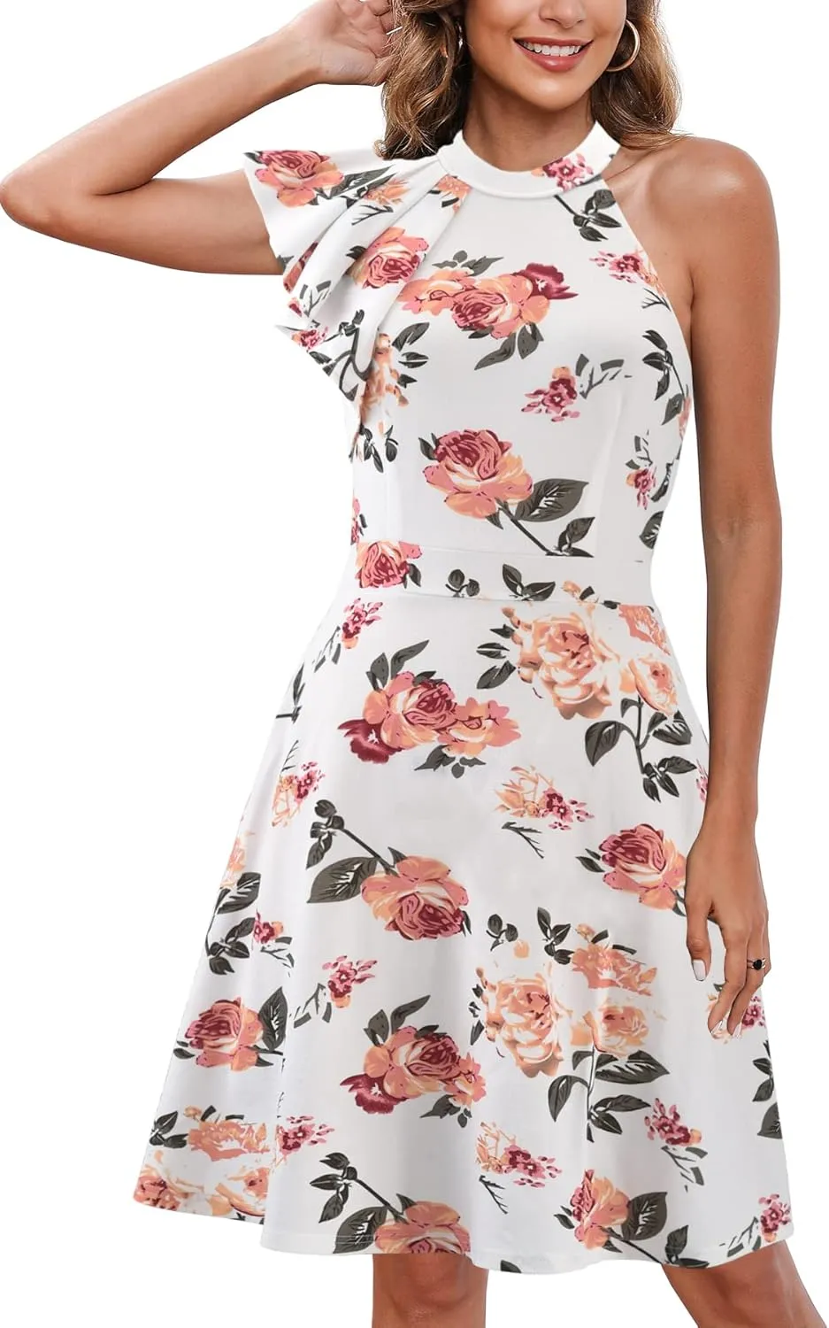 Women's Summer Casual Halter Neck Dress Sleeveless Ruffle A-line Cocktail Party Sundress with Pockets