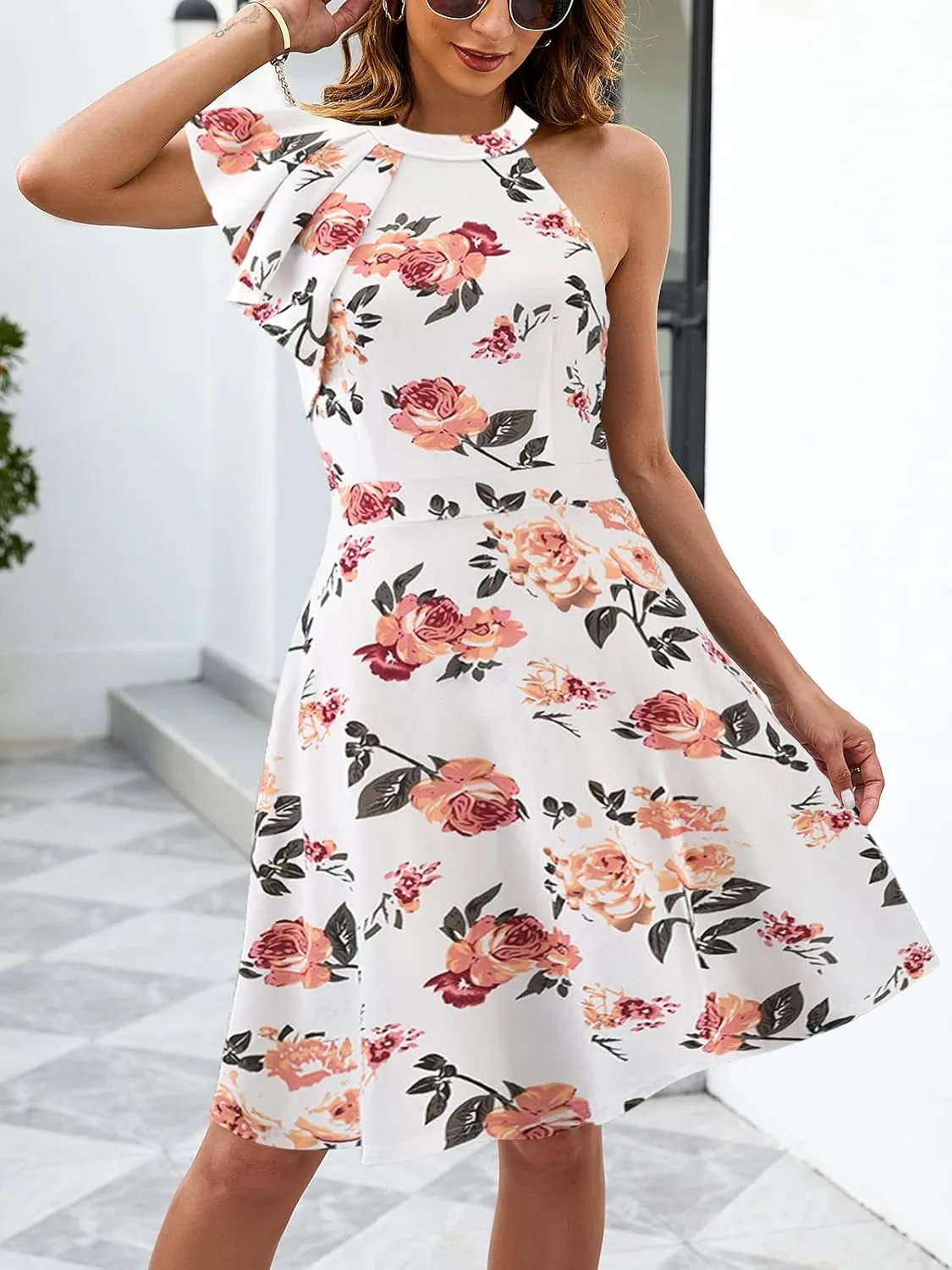 Women's Summer Casual Halter Neck Dress Sleeveless Ruffle A-line Cocktail Party Sundress with Pockets