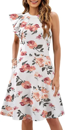Women's Summer Casual Halter Neck Dress Sleeveless Ruffle A-line Cocktail Party Sundress with Pockets