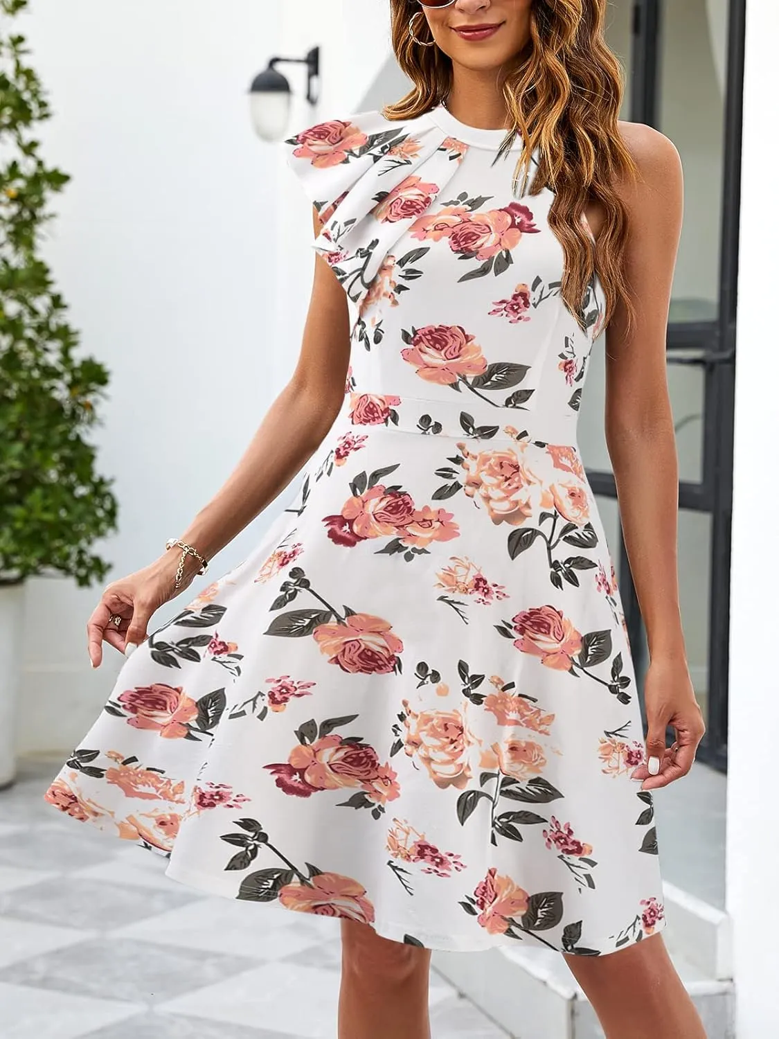 Women's Summer Casual Halter Neck Dress Sleeveless Ruffle A-line Cocktail Party Sundress with Pockets