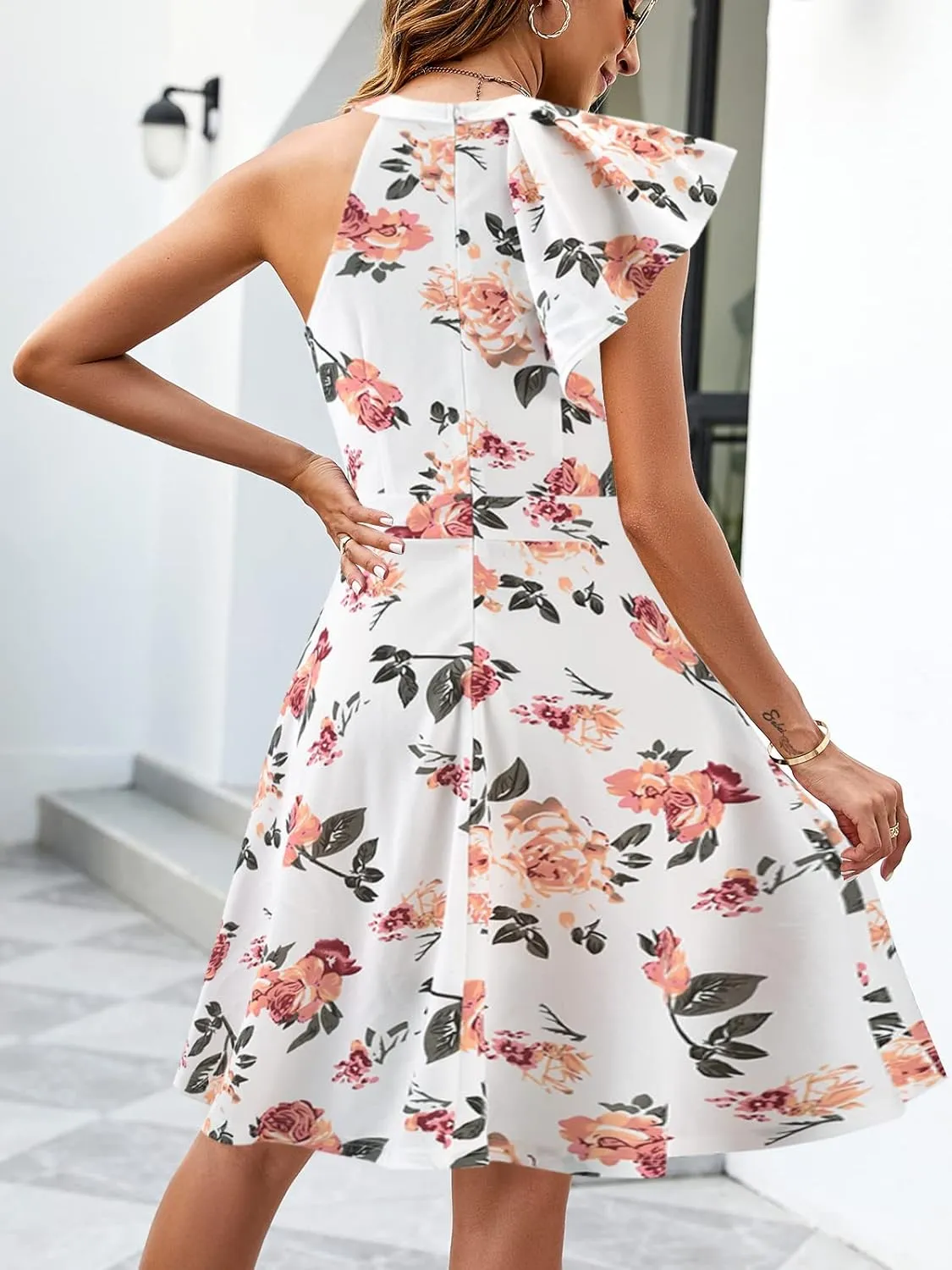 Women's Summer Casual Halter Neck Dress Sleeveless Ruffle A-line Cocktail Party Sundress with Pockets