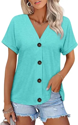 Womens Summer Tops Short Sleeve Button Down Shirts Casual V Neck T Shirts Trendy Tunic Tops