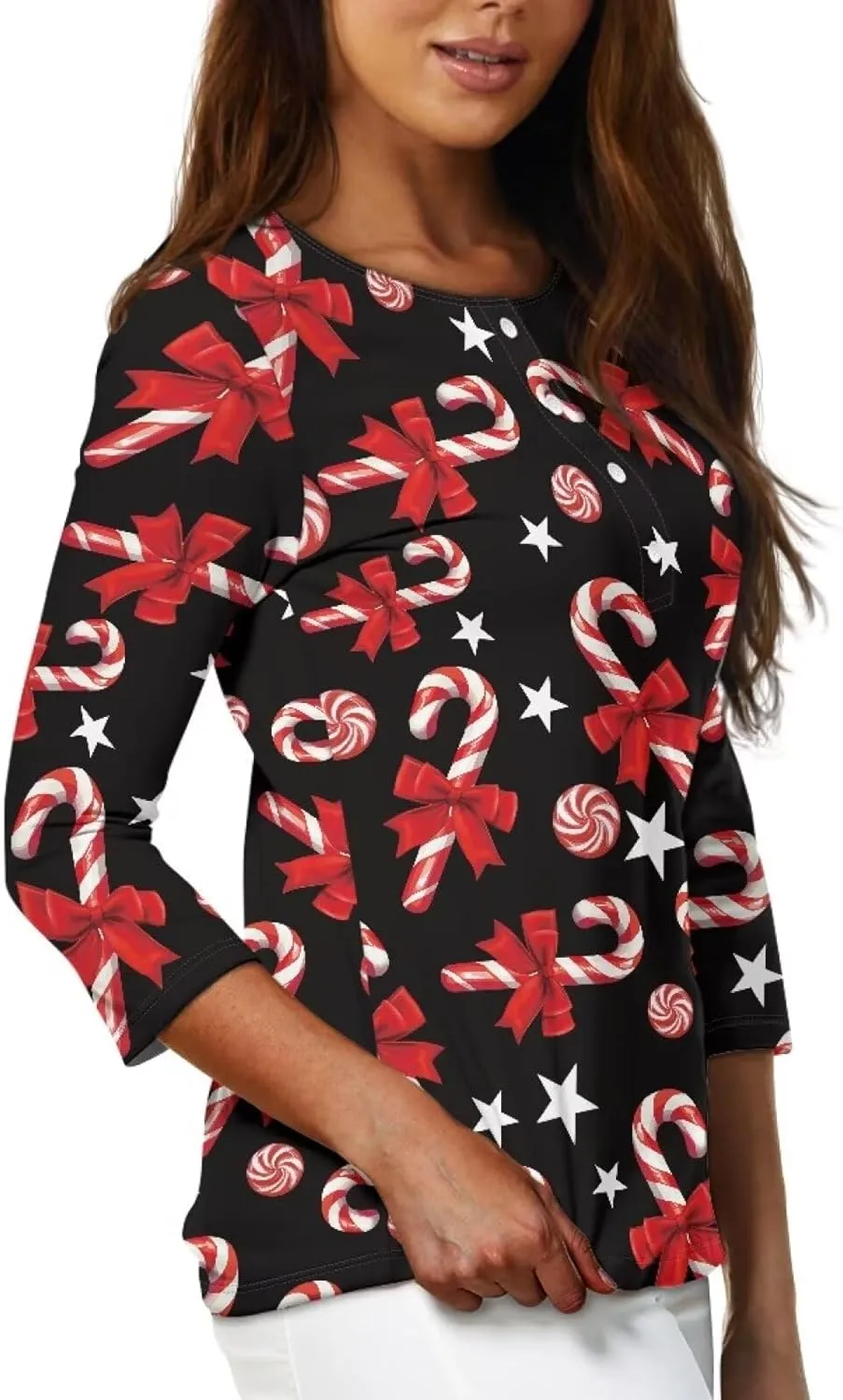 YEXIATODO Boat Neck Plus Size Tops for Women 3/4 Sleeve with Button Casual Trendy Cloth
