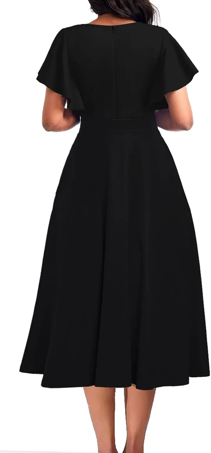 ZonJie Summer Casual Dress for Women V Neck Ruffle Short Sleeve A Line Swing Flared Cocktail Party Midi Dress with Pocket