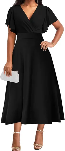 ZonJie Summer Casual Dress for Women V Neck Ruffle Short Sleeve A Line Swing Flared Cocktail Party Midi Dress with Pocket