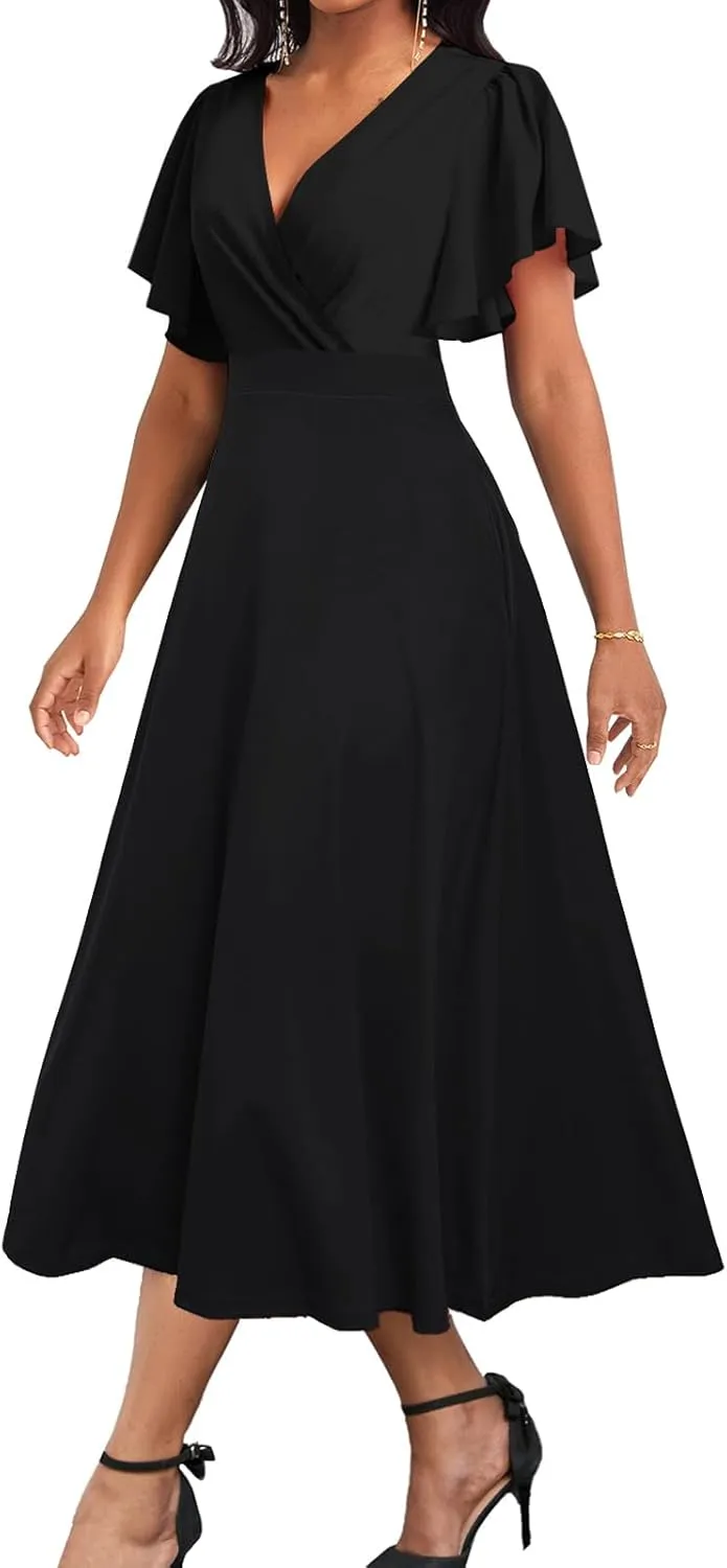 ZonJie Summer Casual Dress for Women V Neck Ruffle Short Sleeve A Line Swing Flared Cocktail Party Midi Dress with Pocket