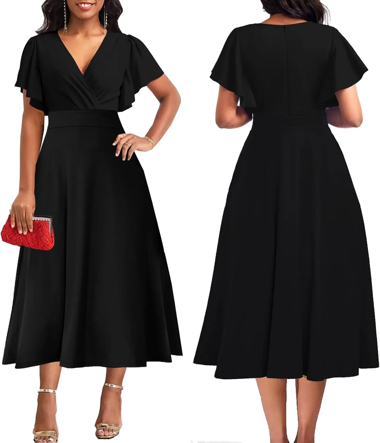 ZonJie Summer Casual Dress for Women V Neck Ruffle Short Sleeve A Line Swing Flared Cocktail Party Midi Dress with Pocket